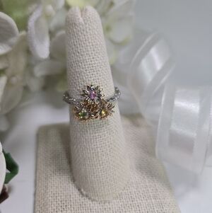 Floral Trio TwoTone Metallic Multicolor Stones Flower Fashion Ring sz 7